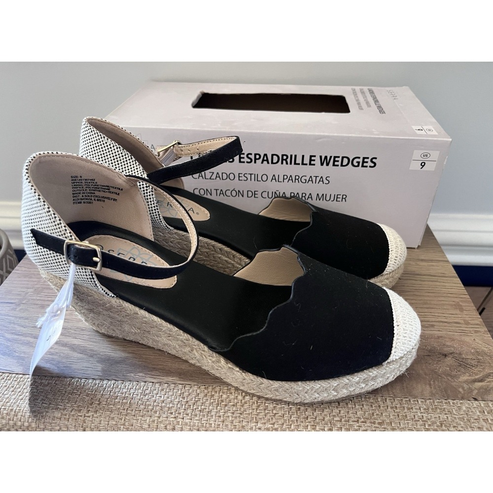 New! Serra Ladies' Espadrille Wedges Black and White Women's Size US 9